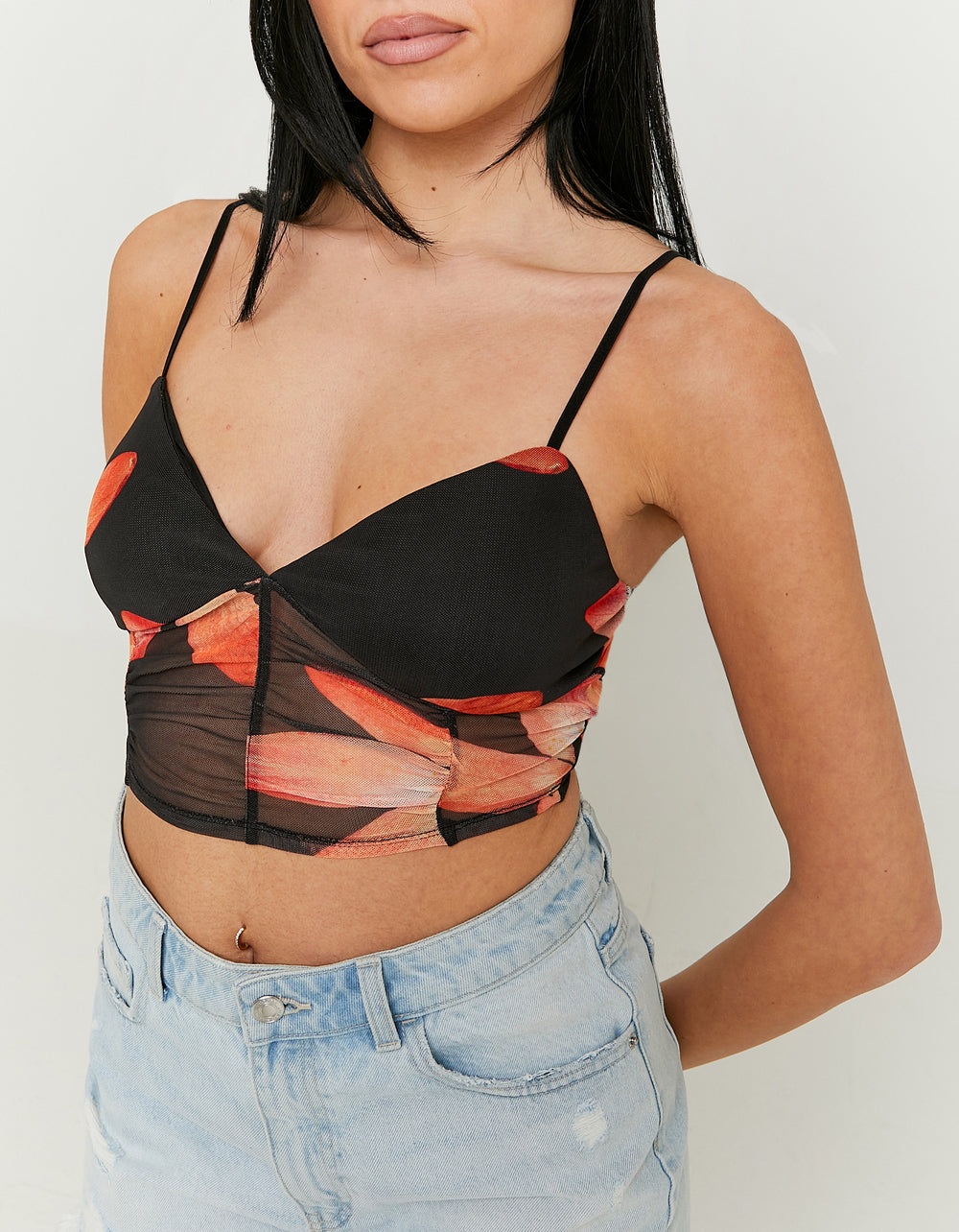 Ladies Mesh Crop Top With Floral Print-Closer View of Front
