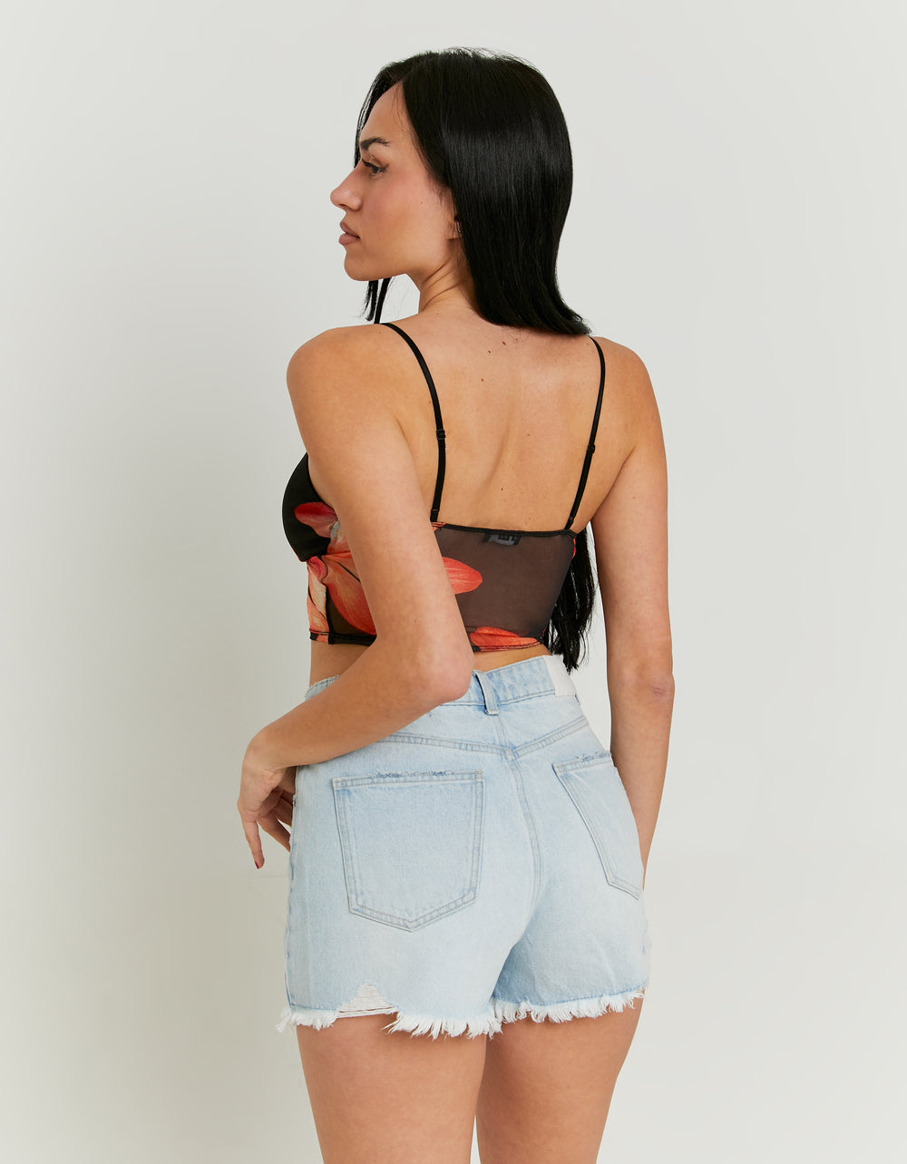 Ladies Mesh Crop Top With Floral Print-Back View