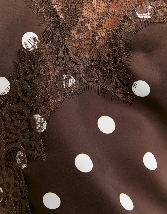 Tally Weijl Brown Polka Dots Asymmetric Satin Top with Lace Trims BROWN side view