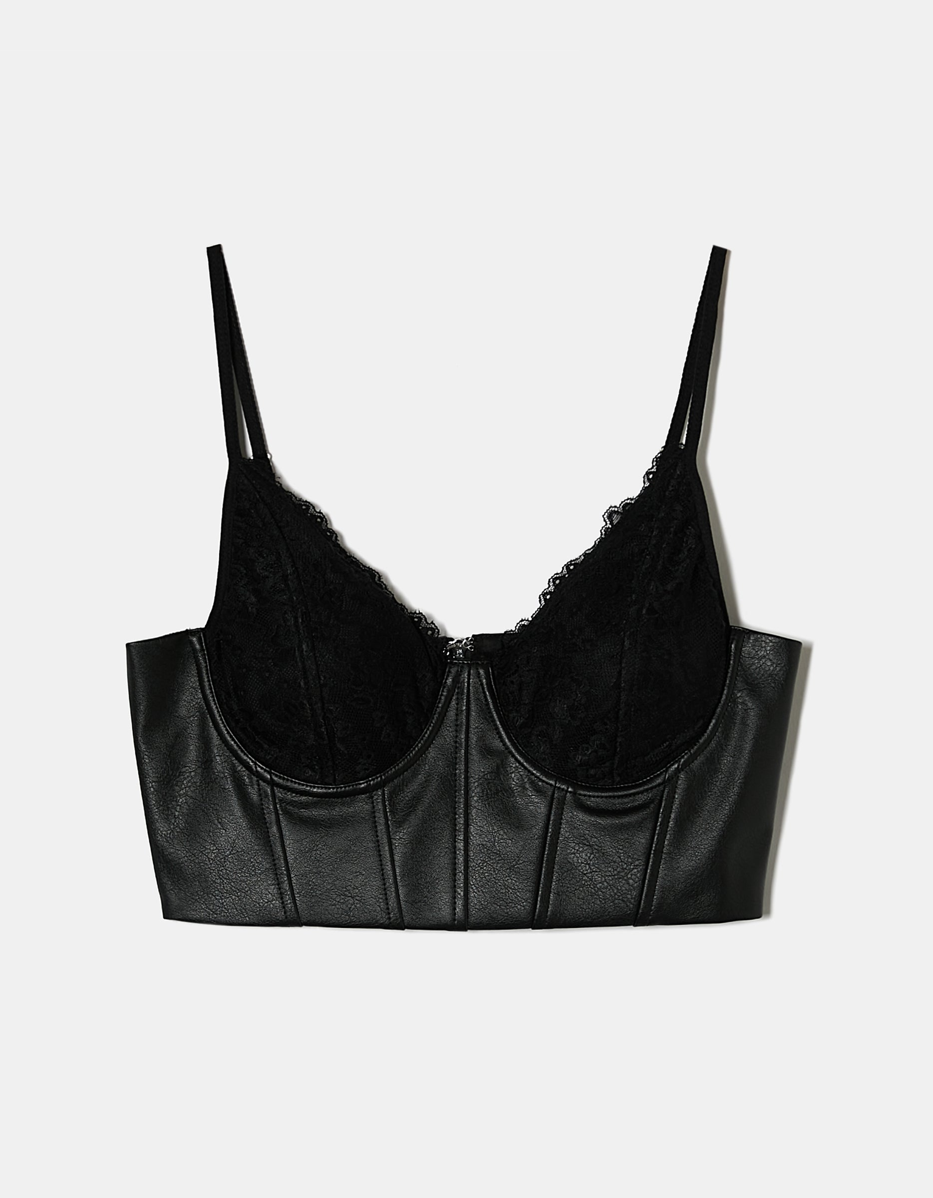 Ladies Black Fake Leather Bralette With Lace Cup-Ghost Front View
