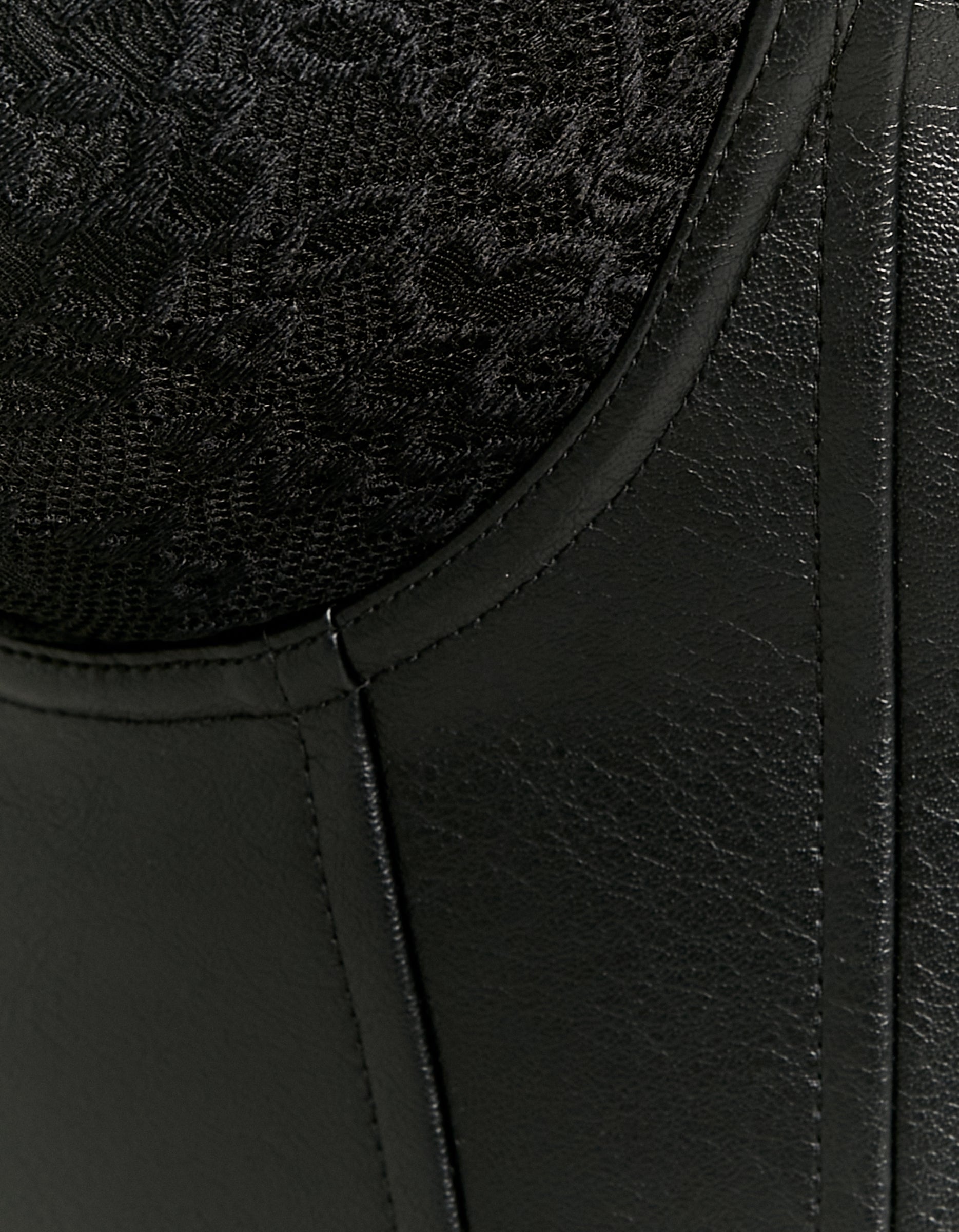 Ladies Black Fake Leather Bralette With Lace Cup-Close Up View