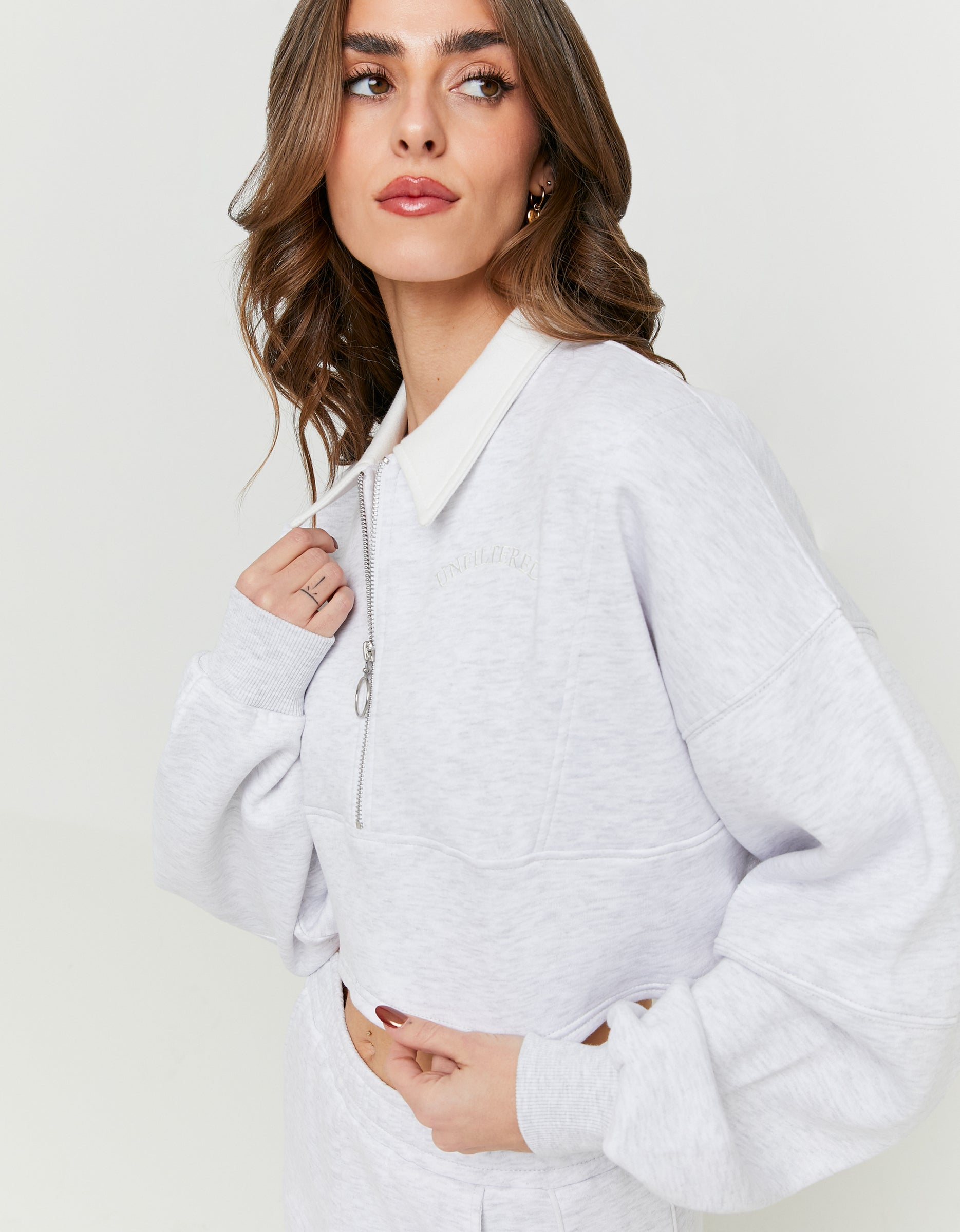 Tally Weijl Light Grey Cropped Sweatshirt With Polo Neck Grey model front view