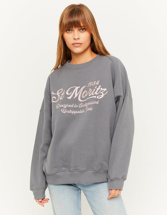 Ladies Grey Oversized Patterned Sweatshirt-Front View
