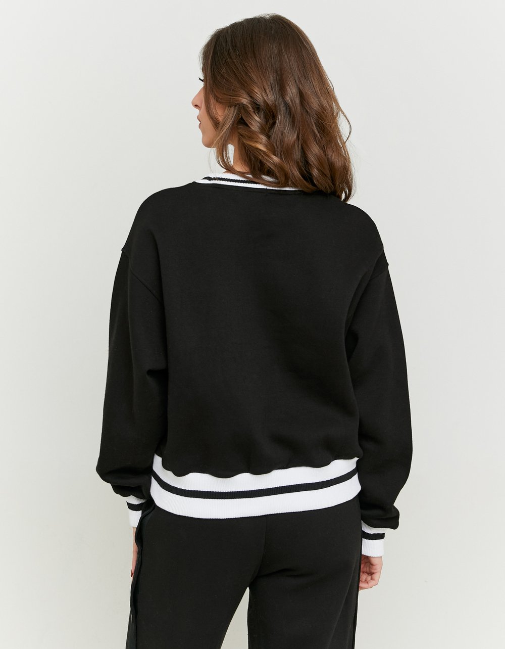 Ladies Black Printed Sweatshirt With White Stripes-Model Back View
