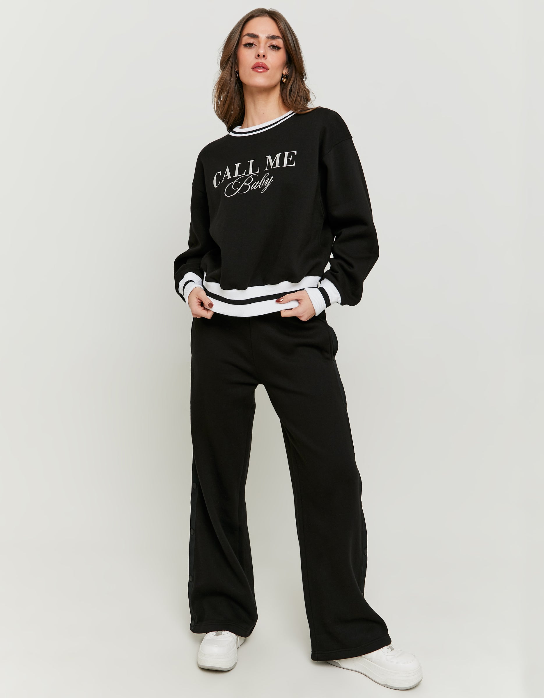 Ladies Black Printed Sweatshirt With White Stripes-Model Full Front View