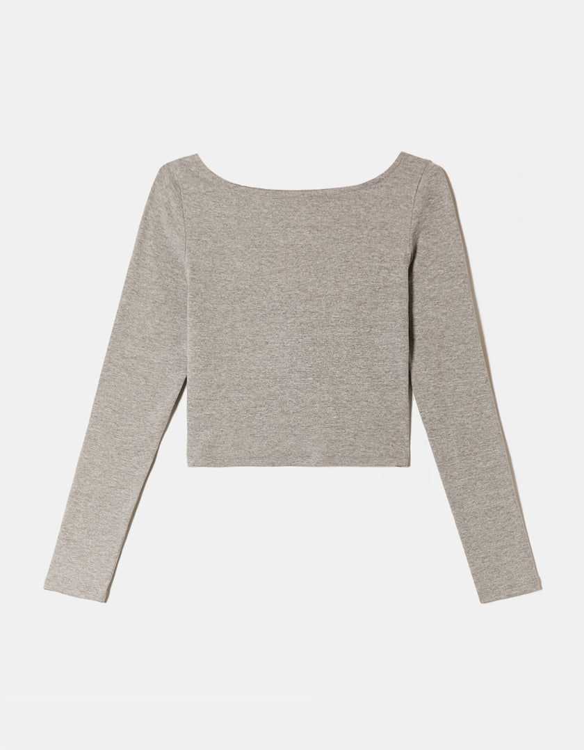 Grey Round Neck Long Sleeve T-Shirt