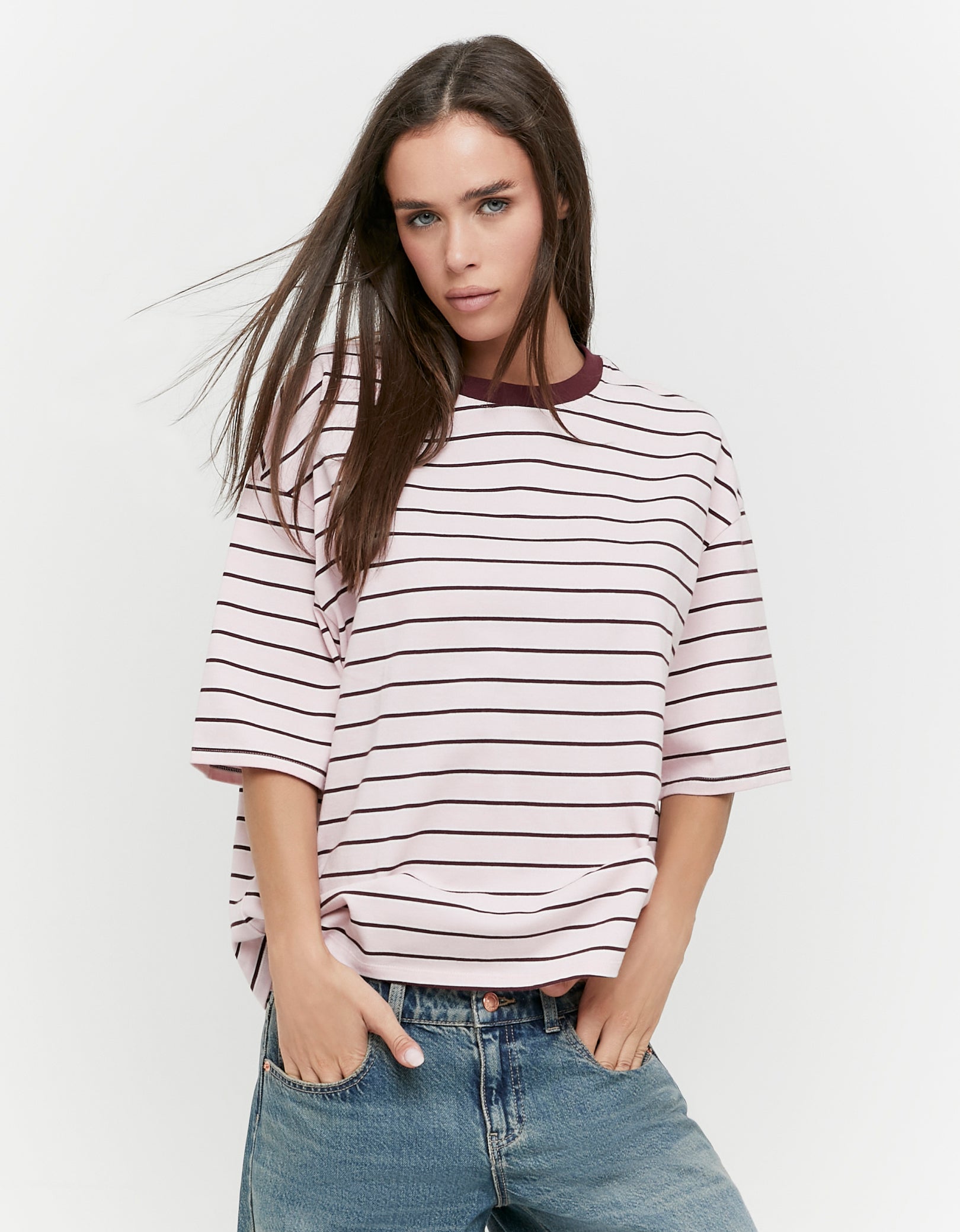 Ladies Pink/Burgundy Oversized Stripe T-Shirt-Model Front View