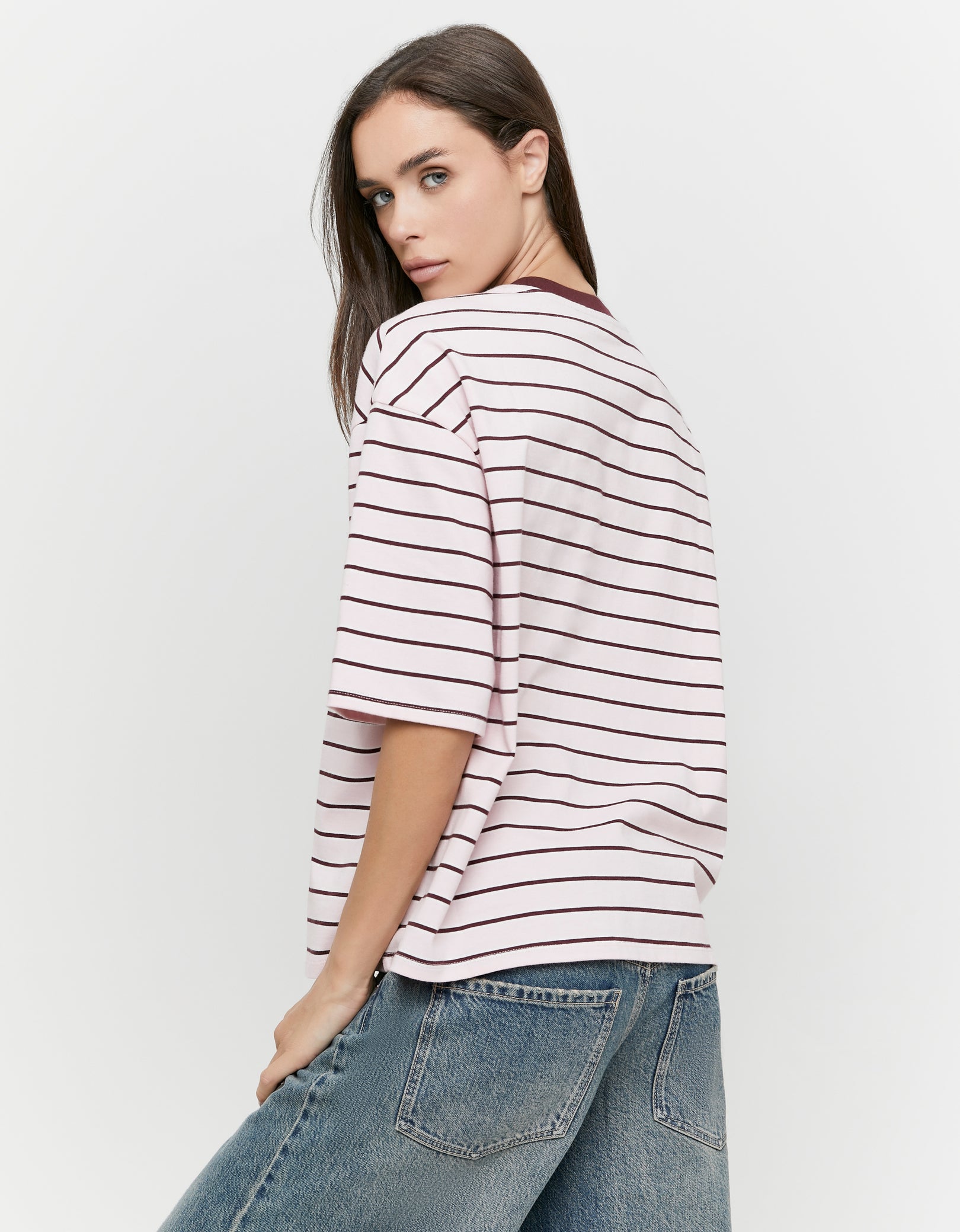 Ladies Pink/Burgundy Oversized Stripe T-Shirt-Back View