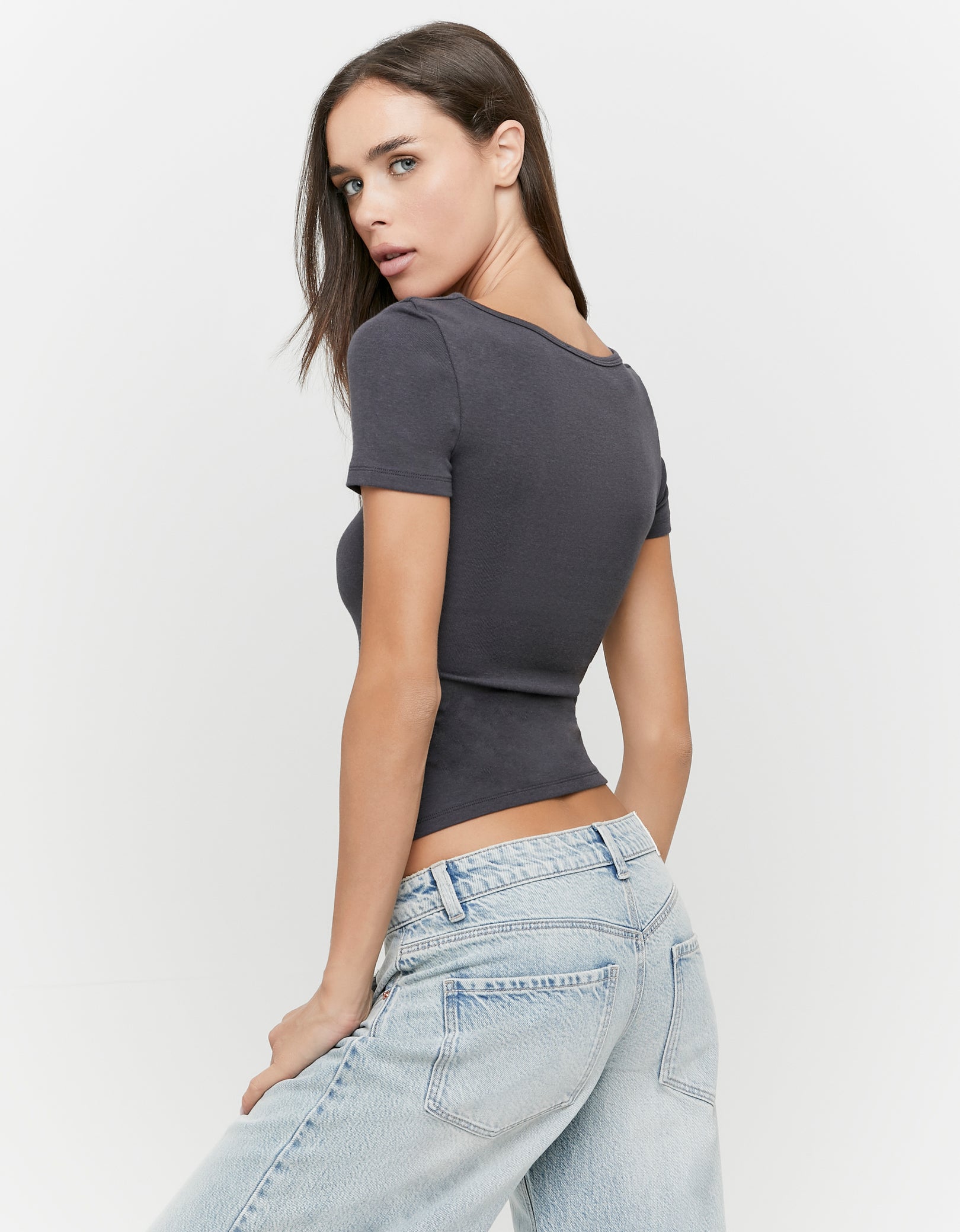 Ladies Grey Ruched V-Neck T-Shirt-Back View