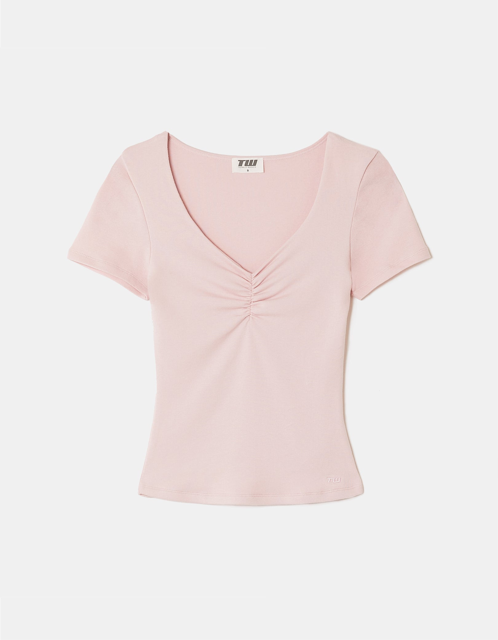 Ladies Pink Ruched V-Neck T-Shirt-Layed Flat View