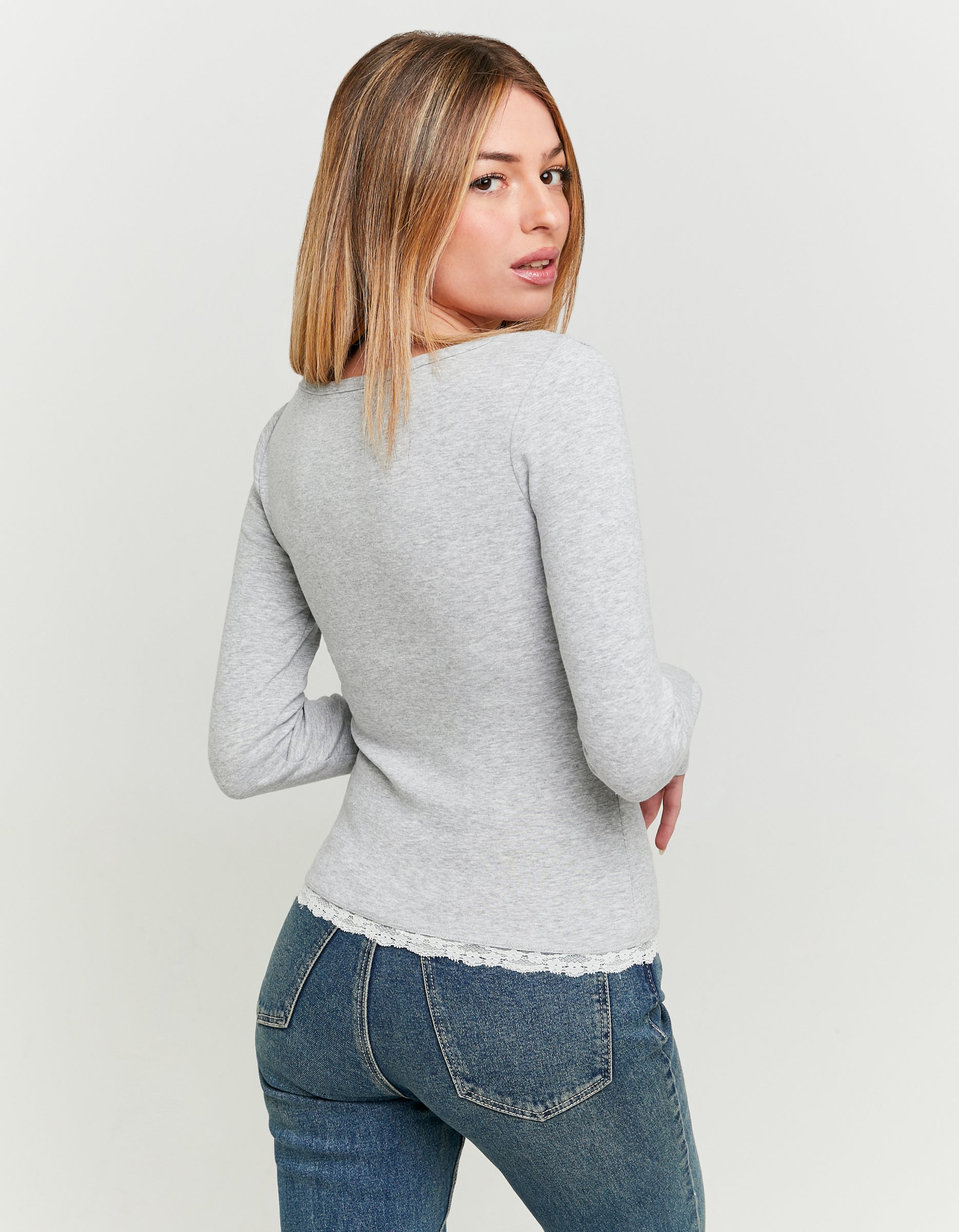 Ladies Basic Grey/White T-Shirt With Lace Trim-Model Back View
