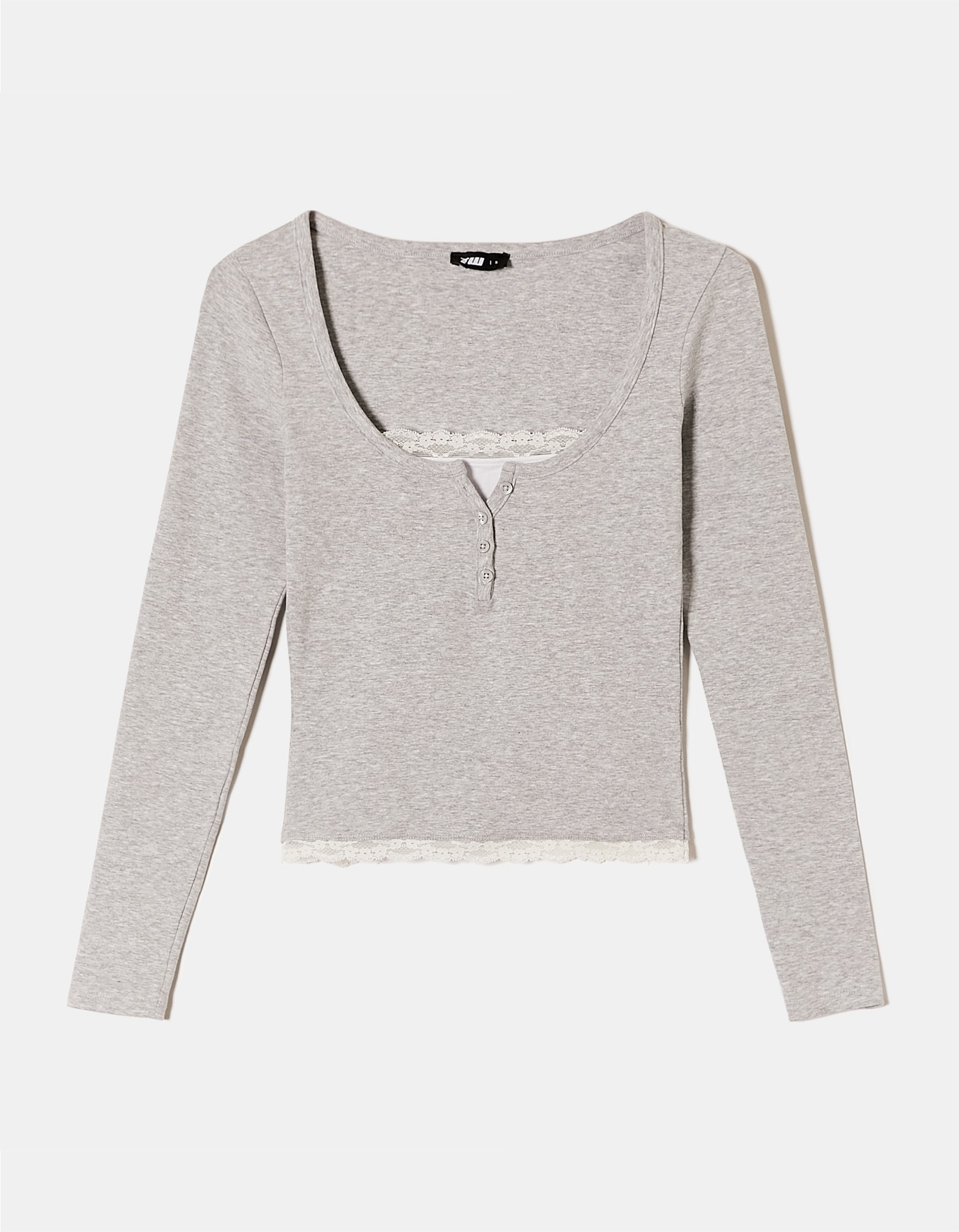 Ladies Basic Grey/White T-Shirt With Lace Trim-Ghost Front View