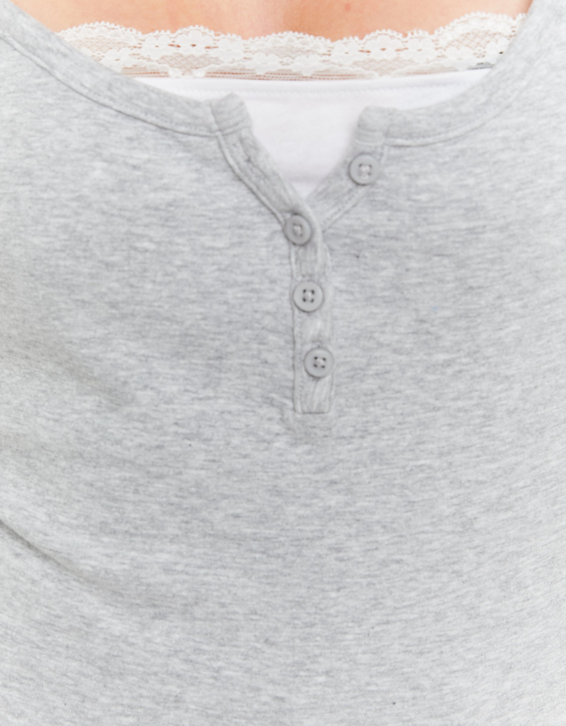 Ladies Basic Grey/White T-Shirt With Lace Trim-Trim & Button View