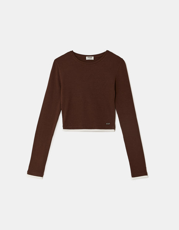 Tally Weijl Basic Brown T-Shirt with Long Sleeves Brown back view