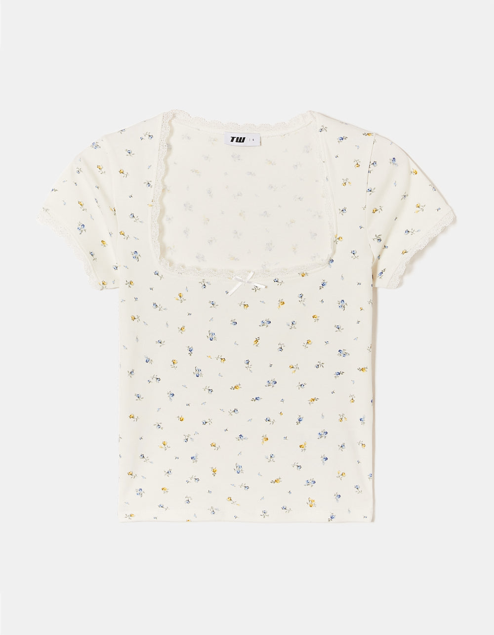 Ladies Basic White Top With Lace Detail And Floral Print-Ghost Front View