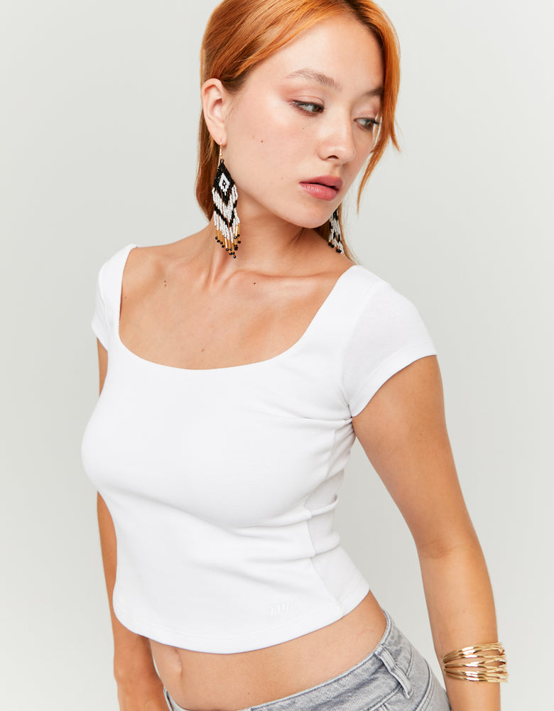 Ladies White T-Shirt With Square Neckline-Closer View of the Front