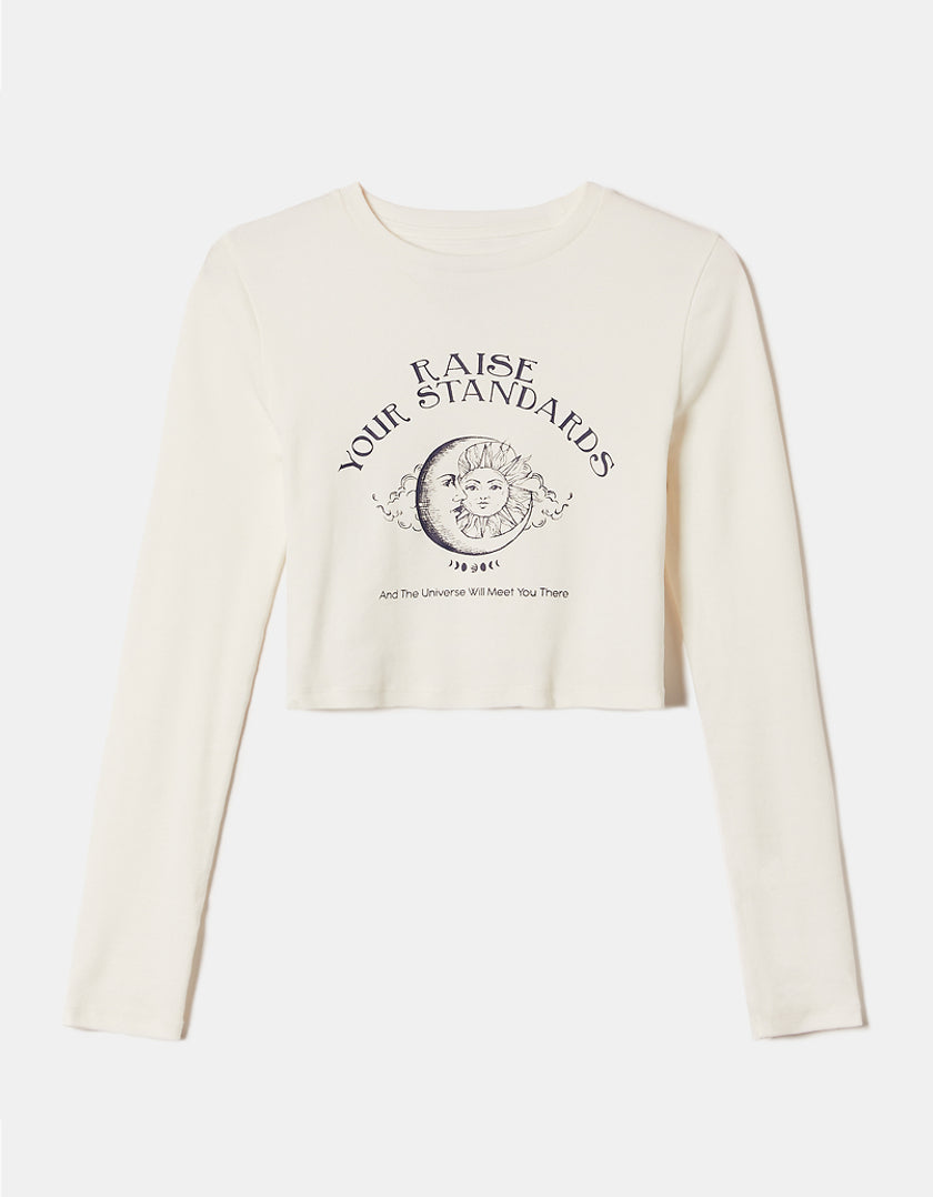 Ladies White Cropped Fitted Printed T-Shirt-Front View