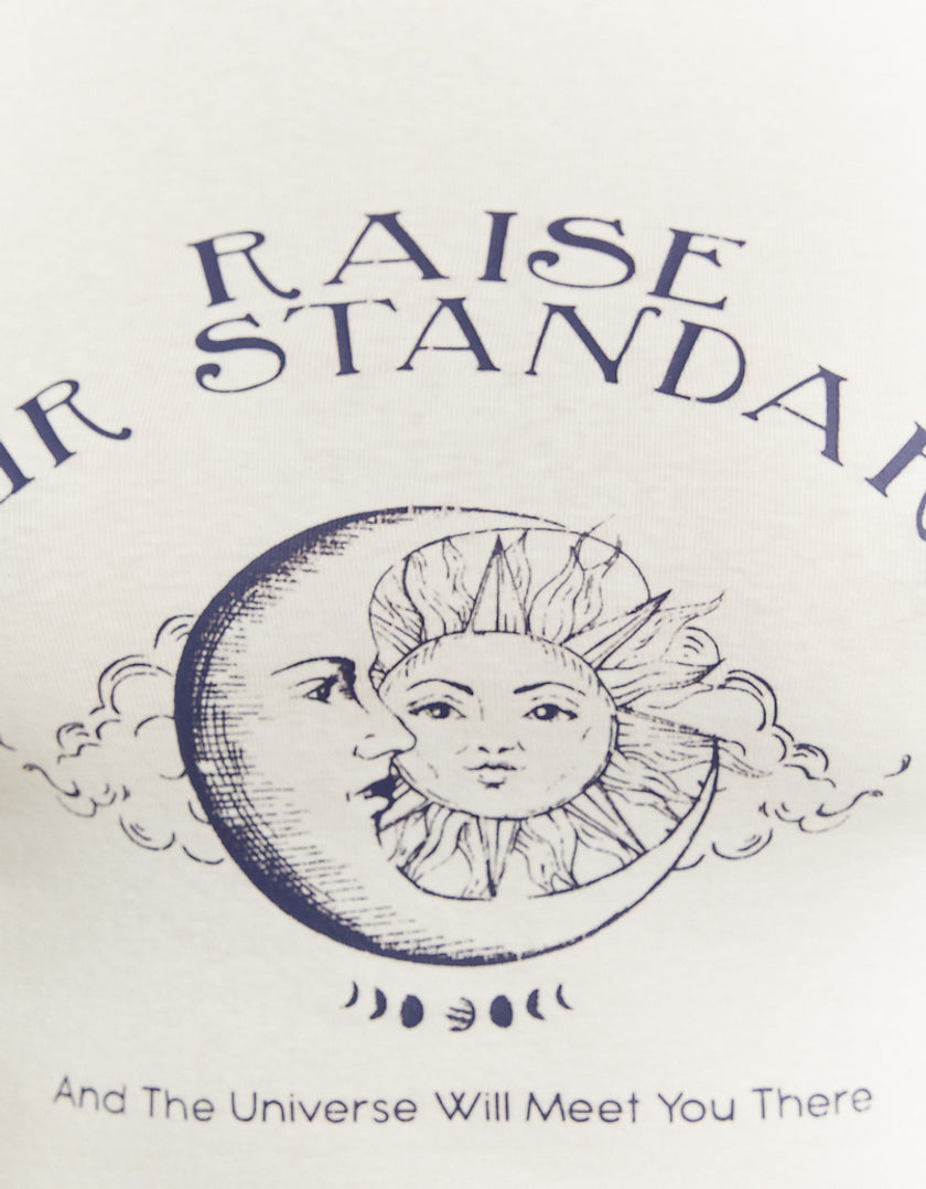 Ladies White Cropped Fitted Printed T-Shirt-Closer View of Writing on Front