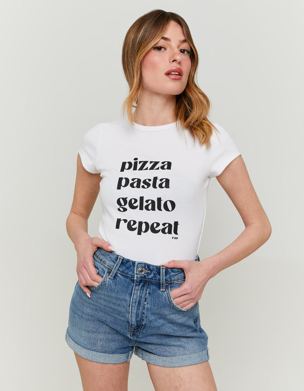 Ladies White T-Shirt With Italian Food Print-Model Front View