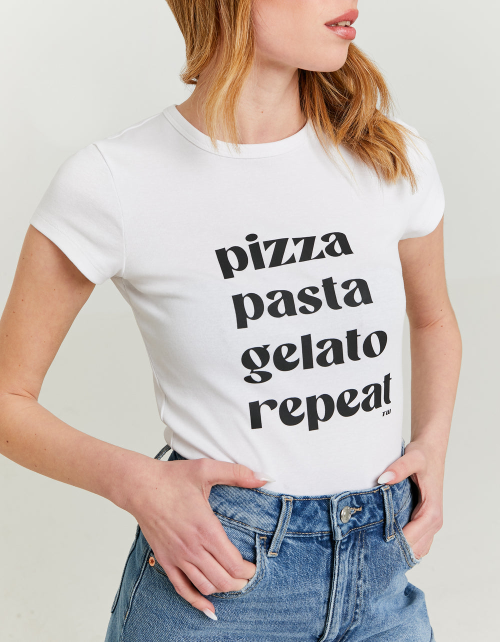 Ladies White T-Shirt With Italian Food Print-Close Up View