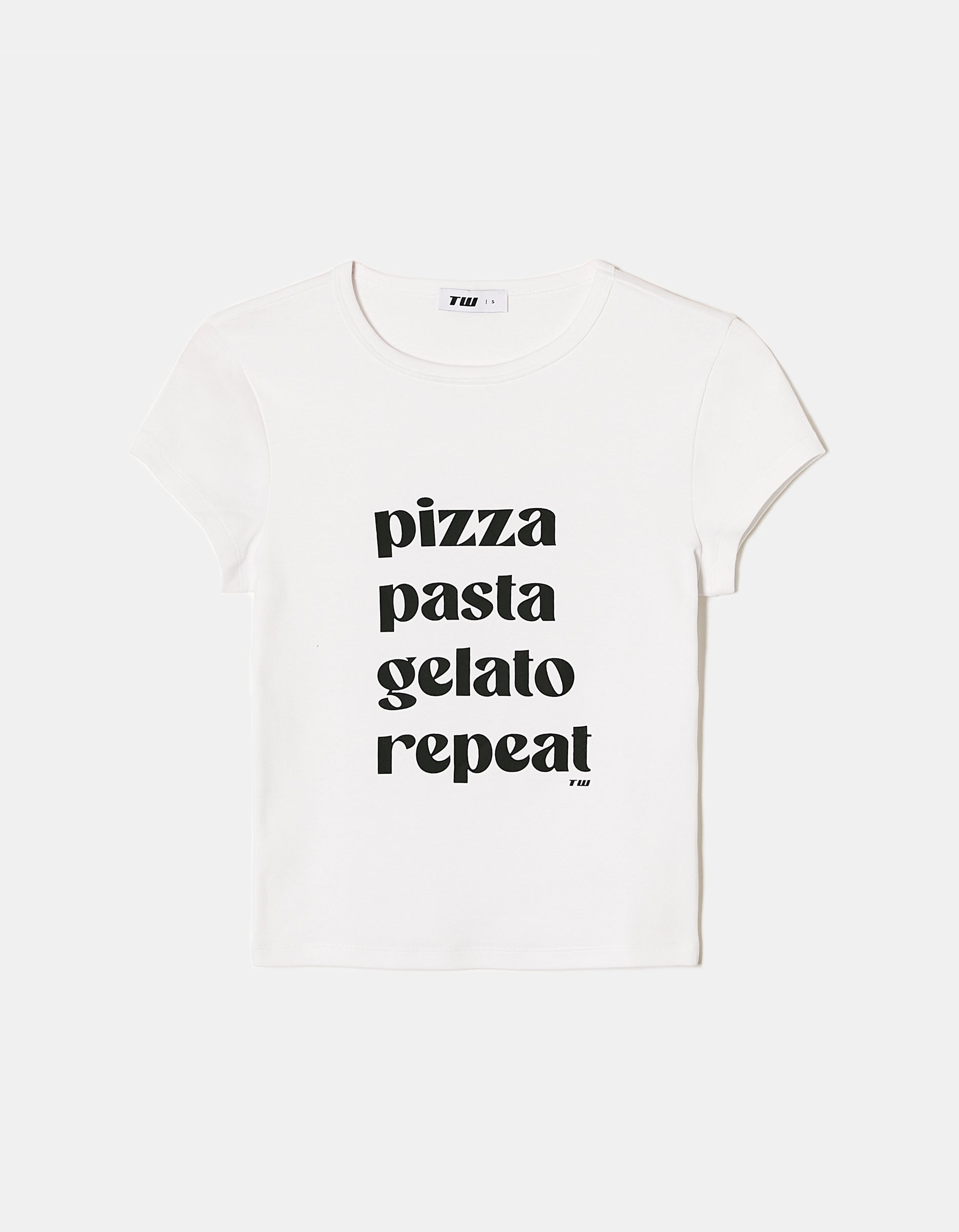 Ladies White T-Shirt With Italian Food Print-Ghost Front View