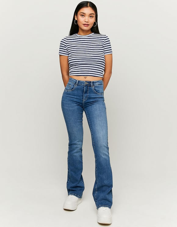 Ladies Short Blue Striped T-Shirt-Model Full Front View