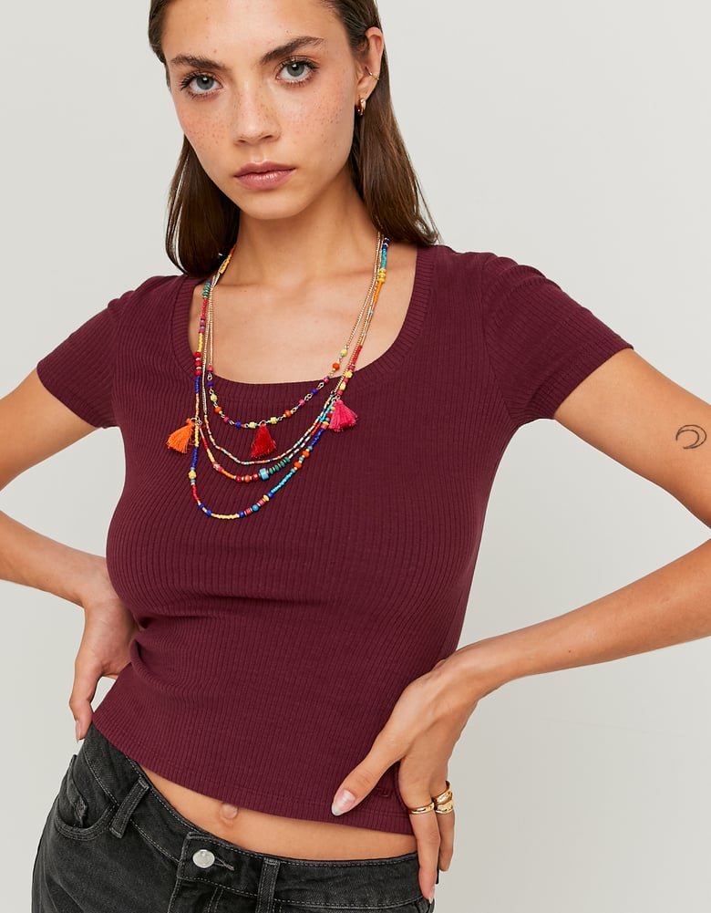 Ladies Burgundy Basic Regular Fit T-Shirt-Model Front View