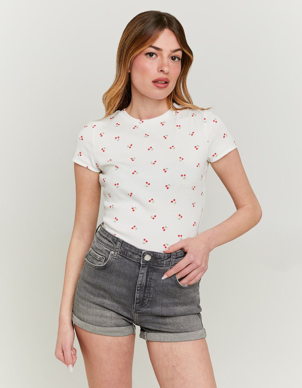 Ladies Floral Basic T-Shirt-Model Full Front View