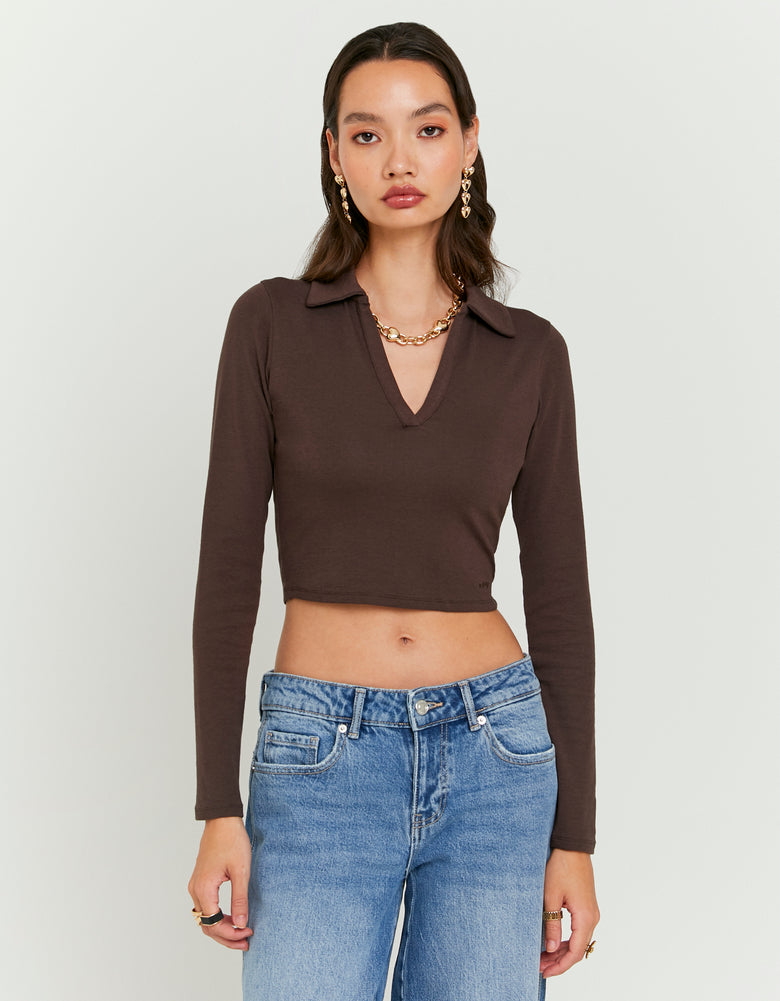 Tally Weijl Basic Brown T-Shirt With Long Sleeves Brown front view