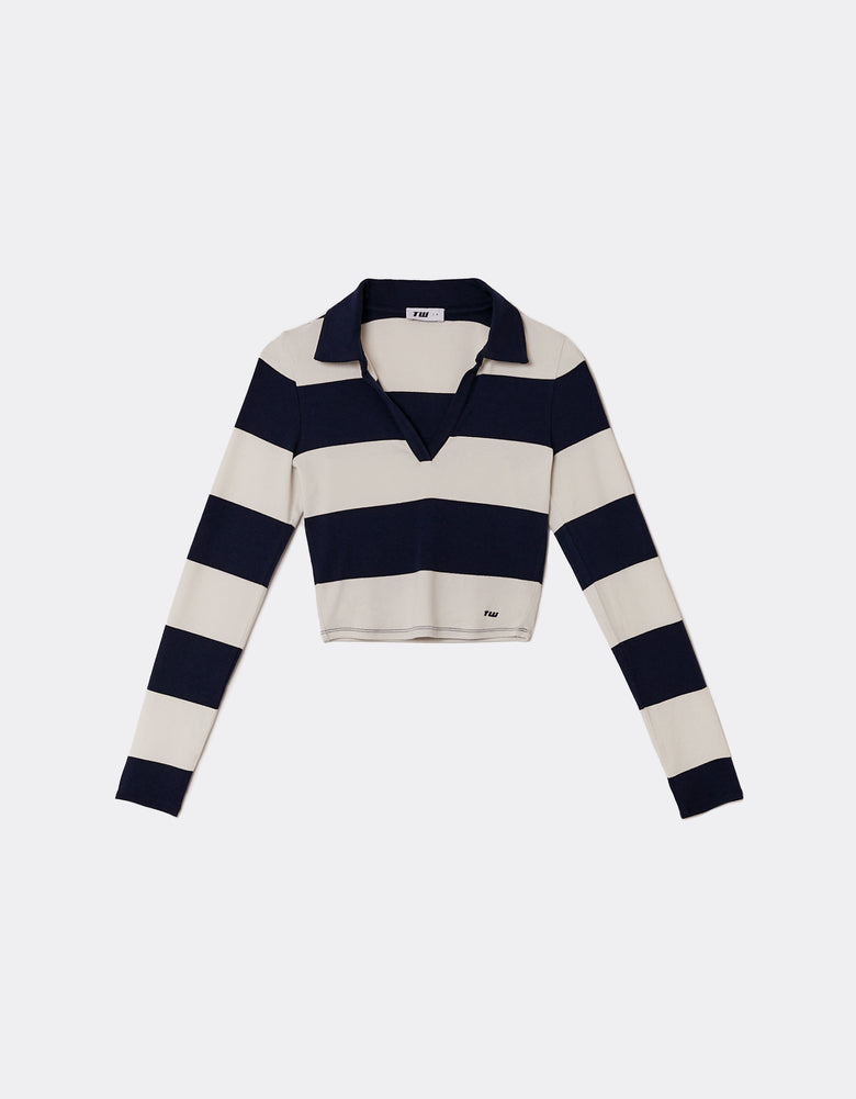 Ladies Striped Navy/White T-Shirt With Long Sleeves-Ghost Back View