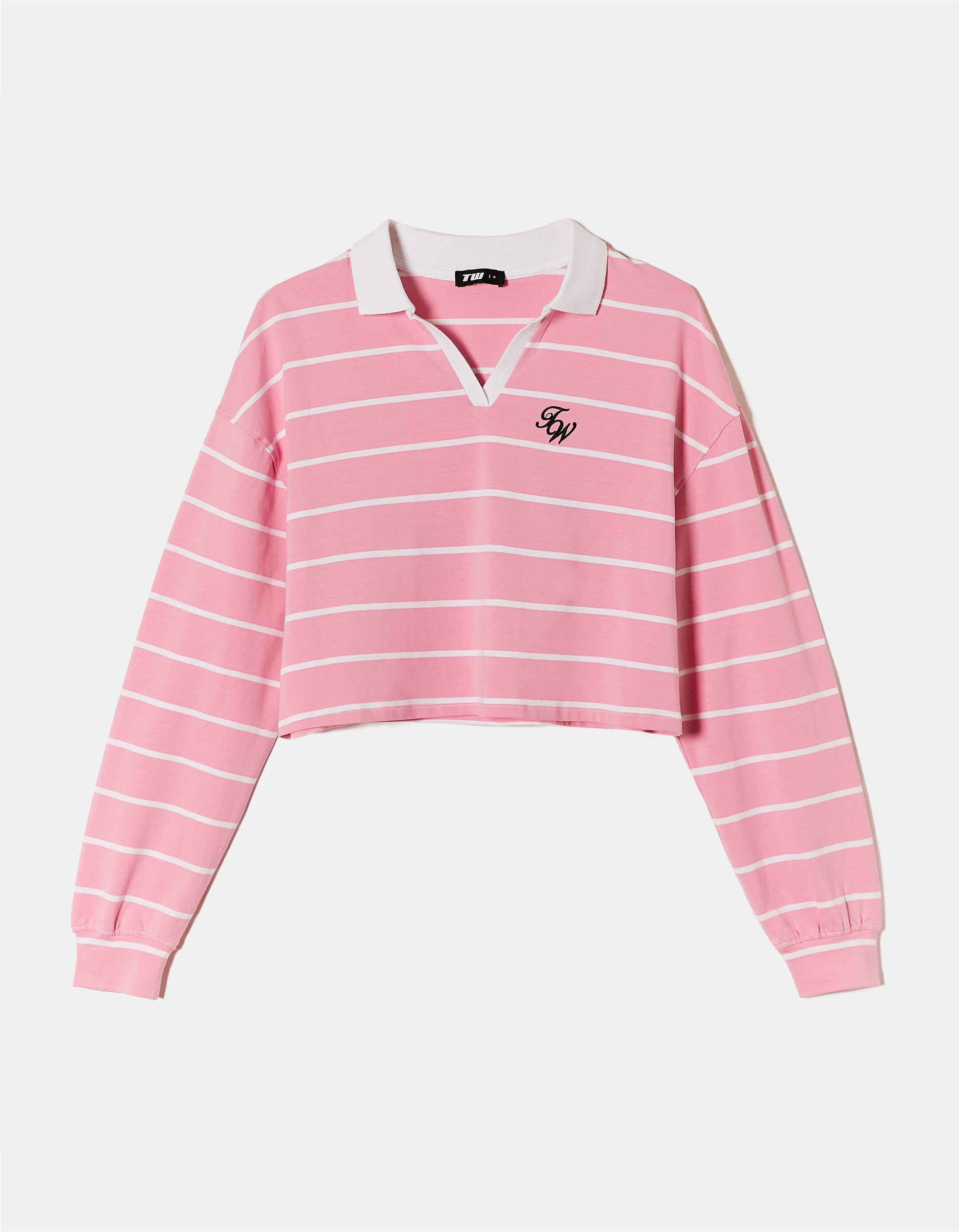 Ladies Long Sleeve Pink Striped Polo Neck T-Shirt With Print-Ghost Front View