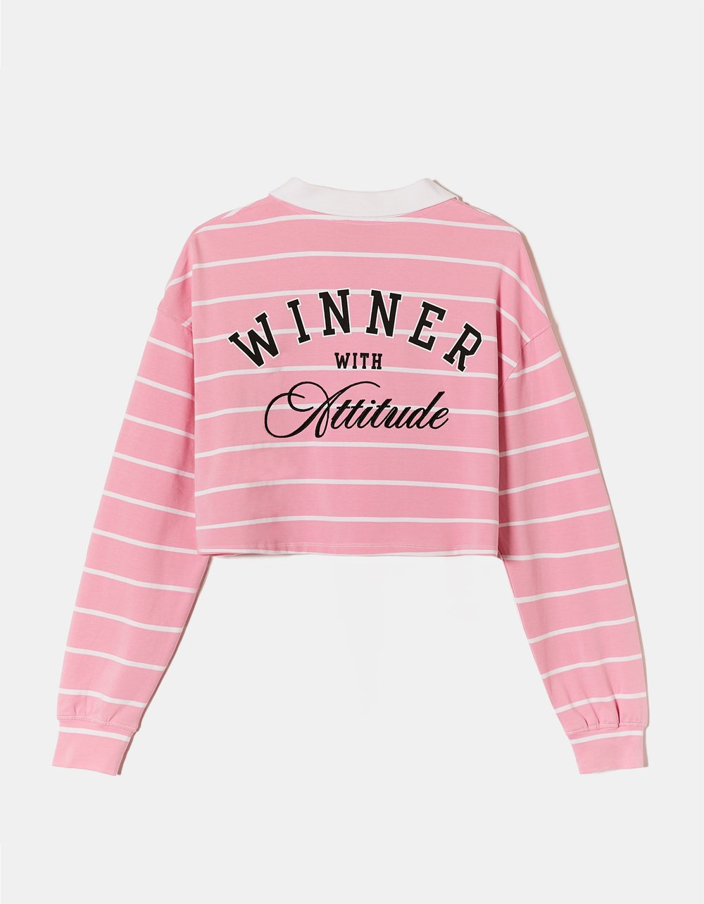 Ladies Long Sleeve Pink Striped Polo Neck T-Shirt With Print-Model Back View