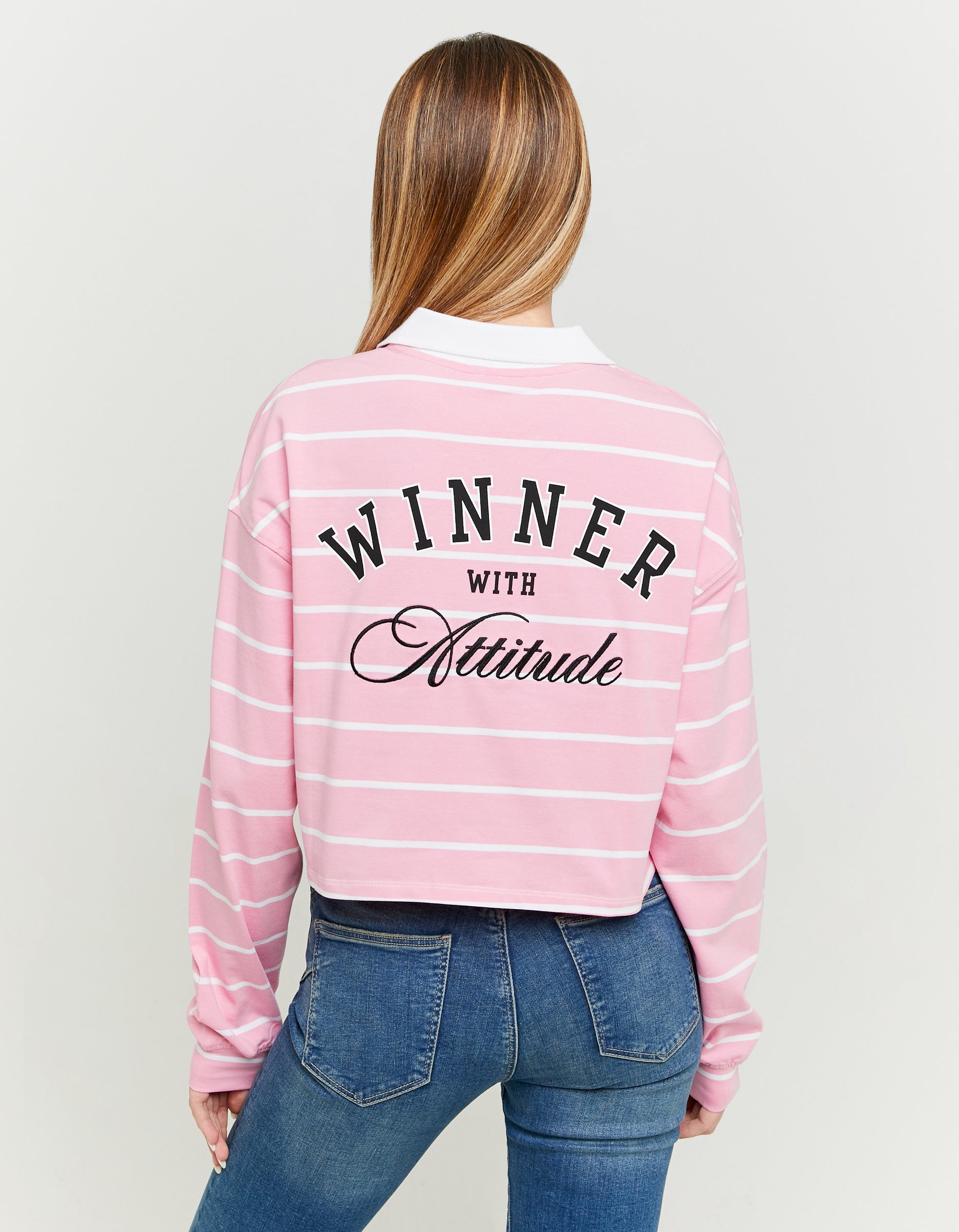 Ladies Long Sleeve Pink Striped Polo Neck T-Shirt With Print-Model Back View