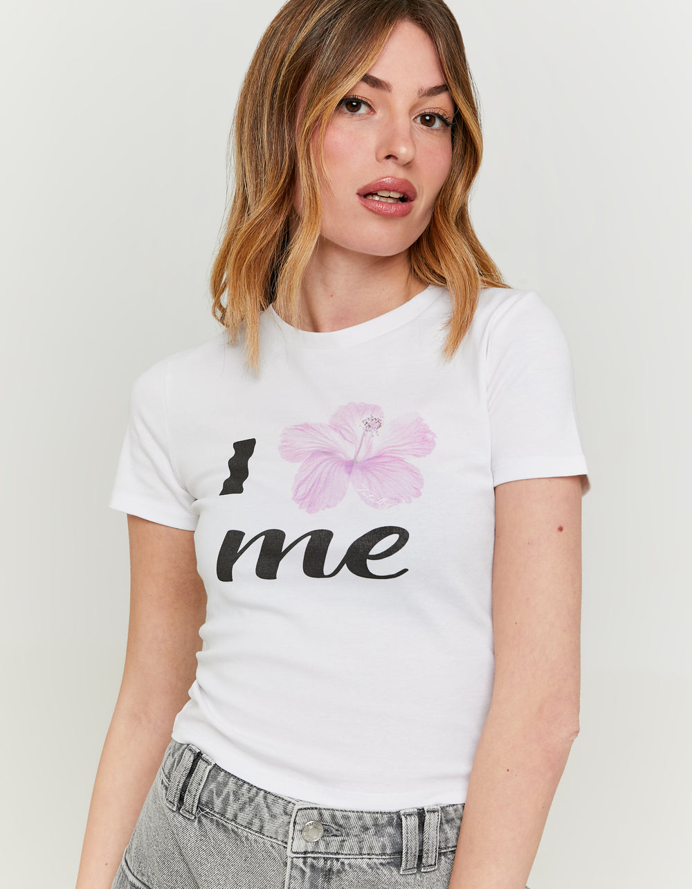 Ladies White T-Shirt With Print-Model Front View