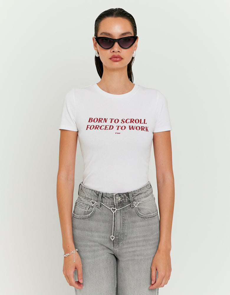 Ladies White Born To Scroll Printed Tee-Model Front View