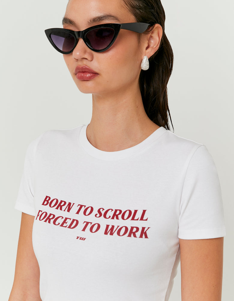 Ladies White Born To Scroll Printed Tee-Close Up of Tee