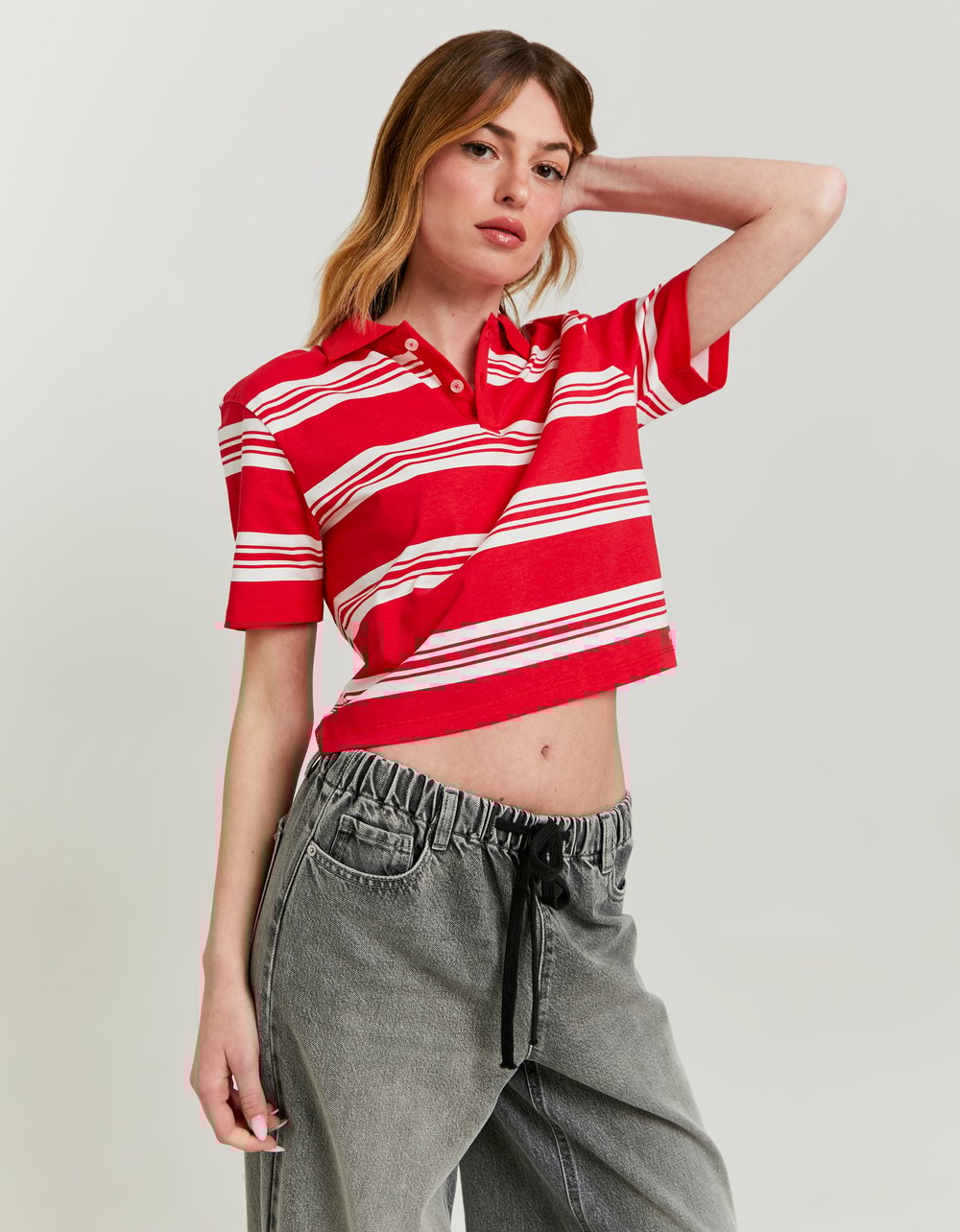 Ladies Striped Red & White Polo T-Shirt-Model Full Front View