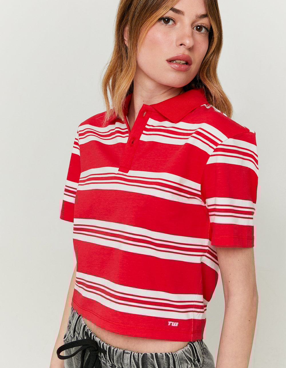 Ladies Striped Red & White Polo T-Shirt-Side View