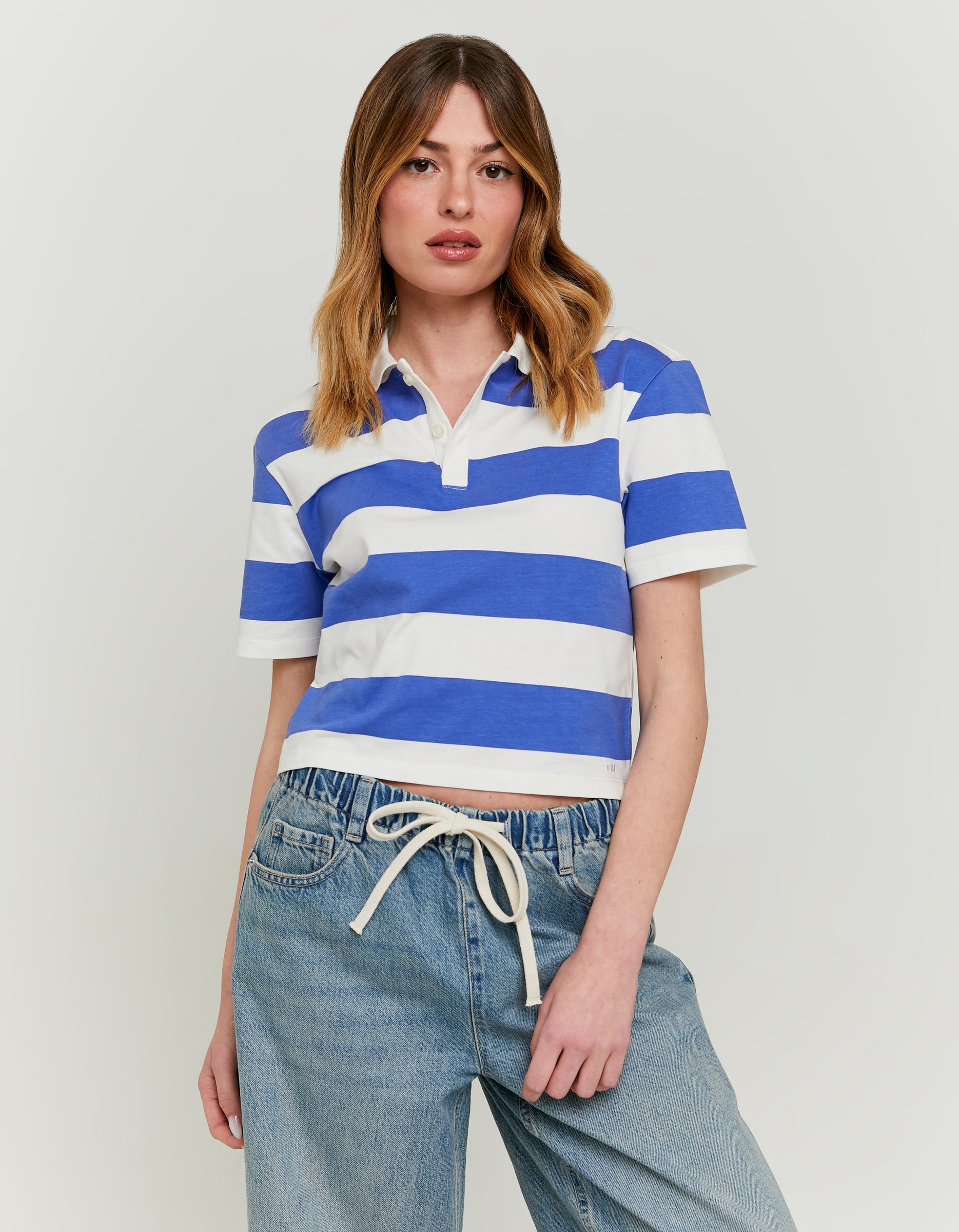 Ladies Striped White & Blue Polo T-Shirt-Model Front View