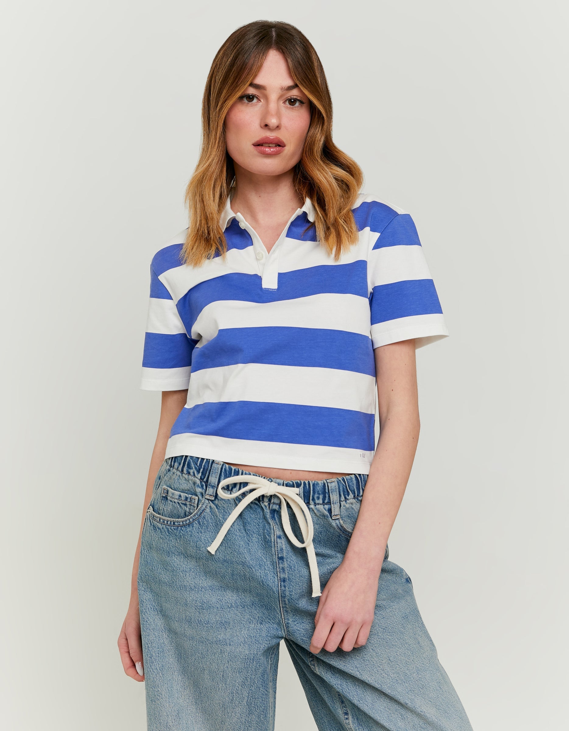 Tally Weijl Striped White & Blue Polo T-Shirt WHITE/BLUE model front view