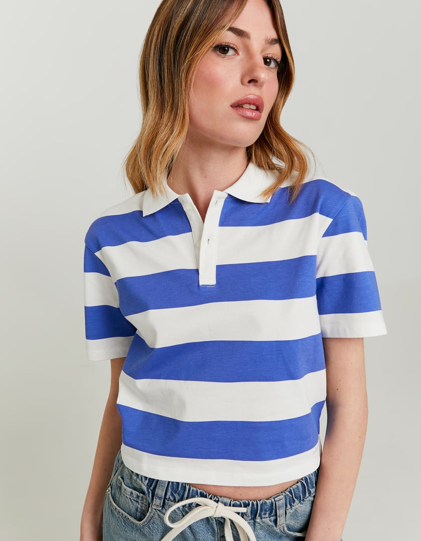 Ladies Striped White & Blue Polo T-Shirt-Closer View of Front