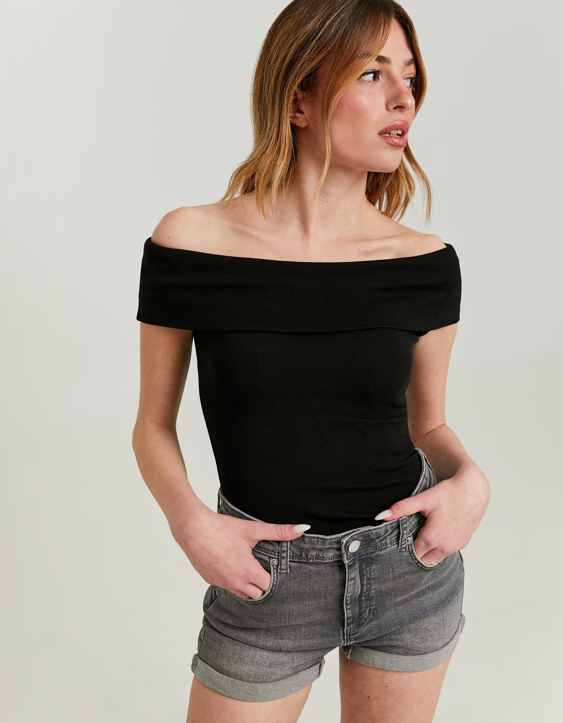 Ladies Black Off-Shoulder Basic Top-Model Front View 2