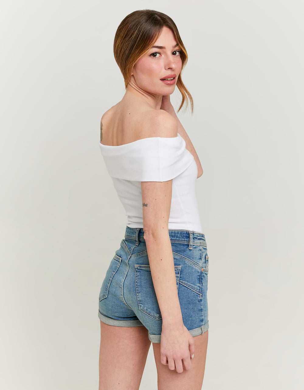 Ladies White Off-Shoulder Basic Top-Back View