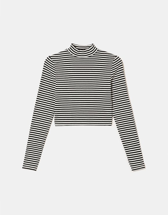 Ladies Striped Black/White Cropped Basic T-Shirt-Front View