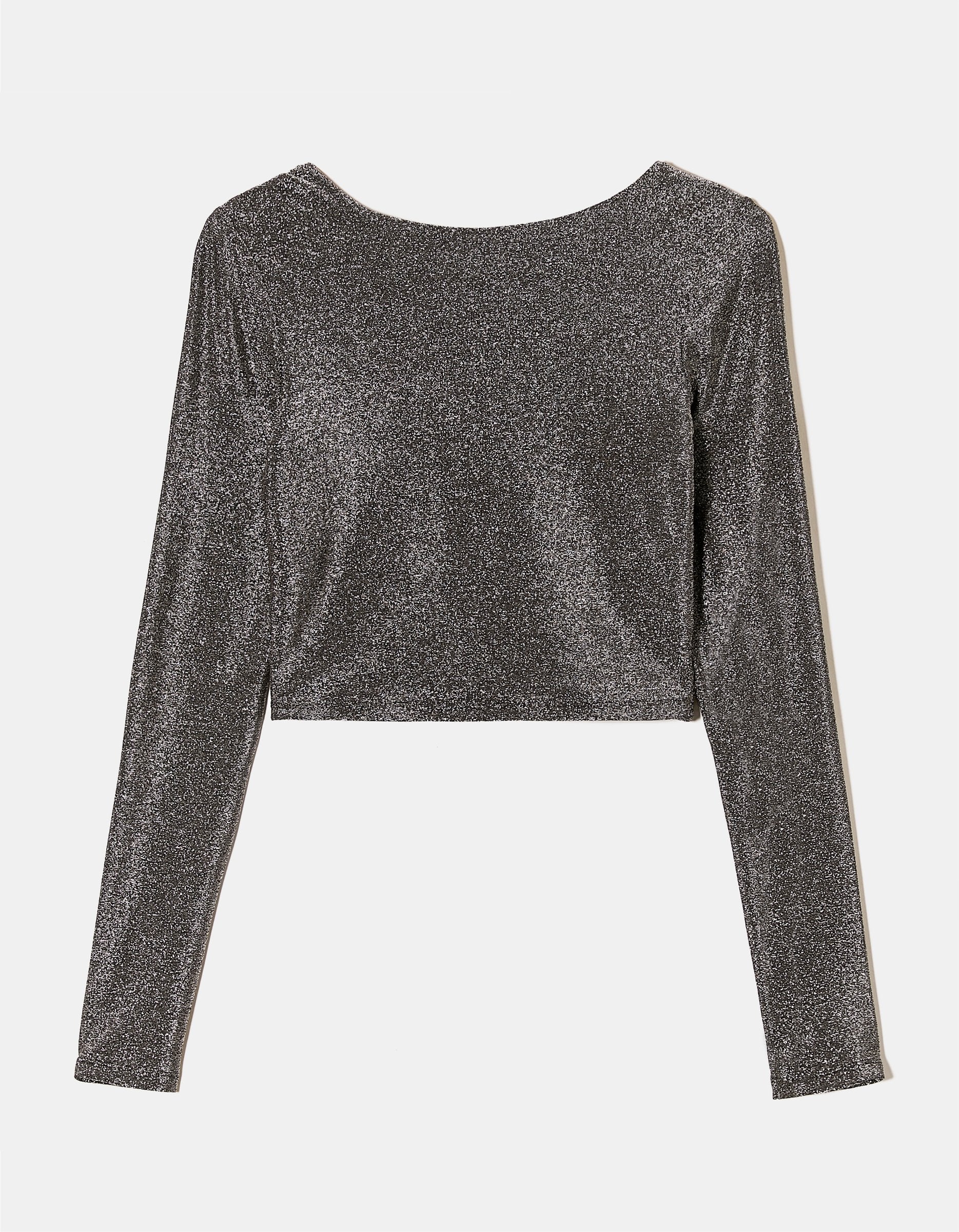 Ladies Silver Low Back Cropped Top In Lurex-Ghost Front View