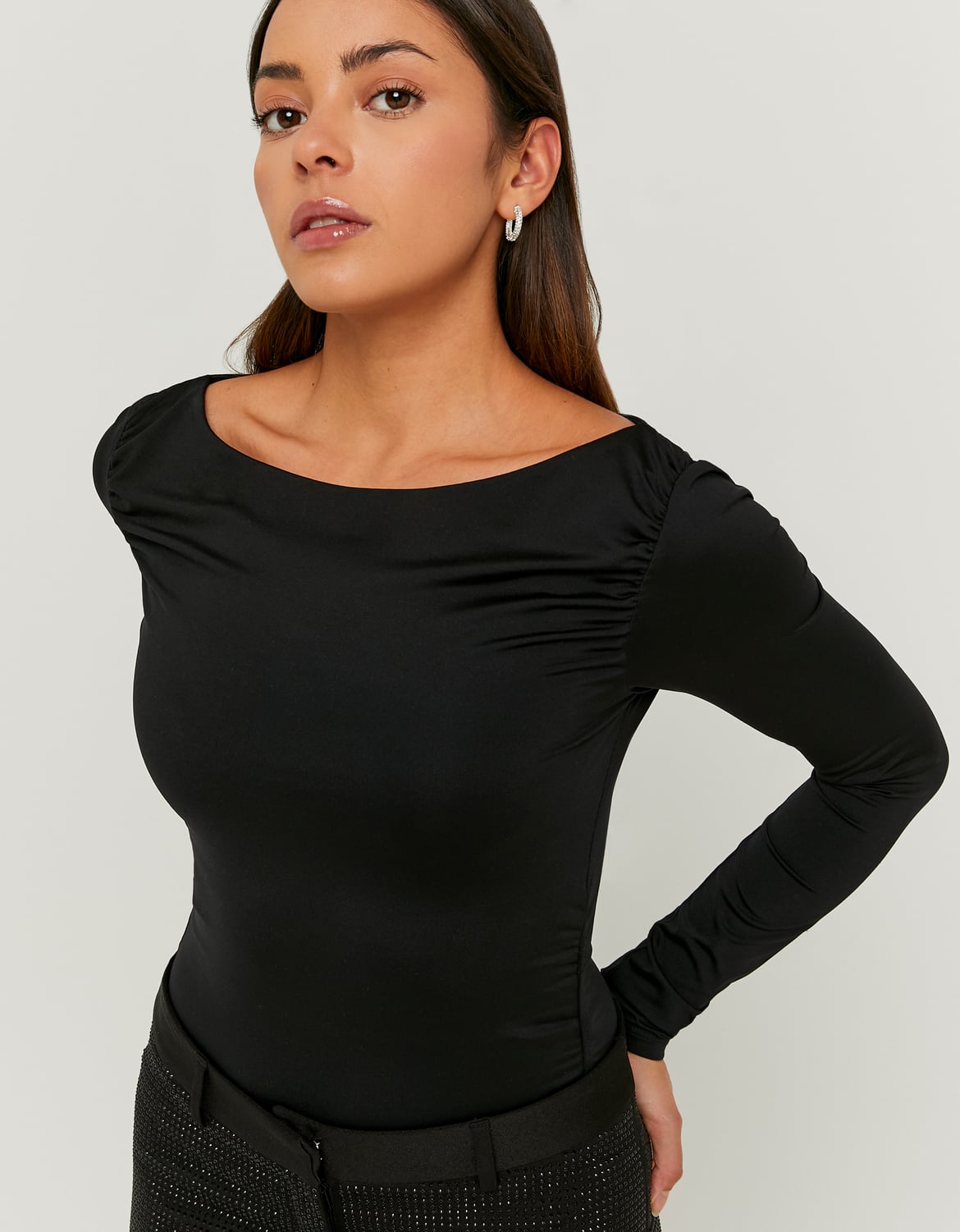 Tally Weijl Black Asymmertic Long Sleeve Top Black model front view
