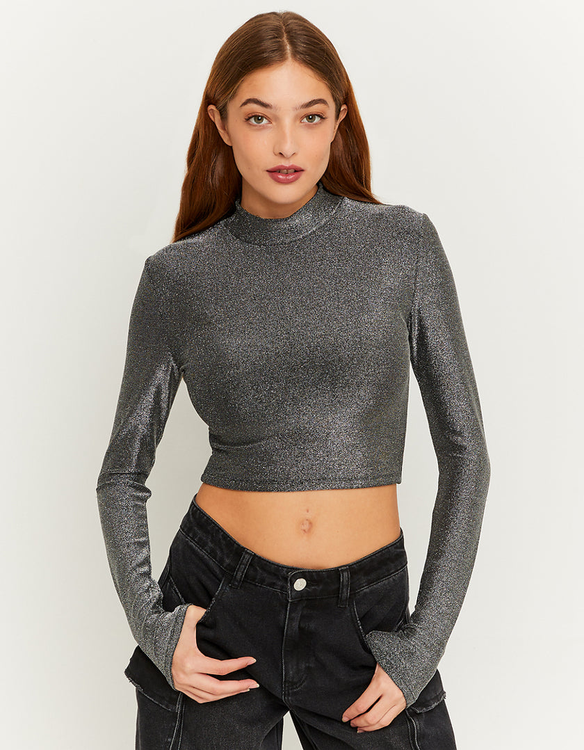 Ladies Grey Lurex Cropped Top-Model Front View