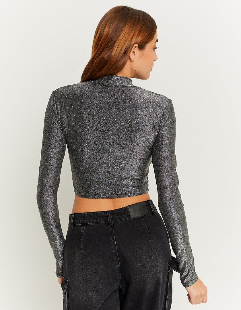 Ladies Grey Lurex Cropped Top-Model Back View