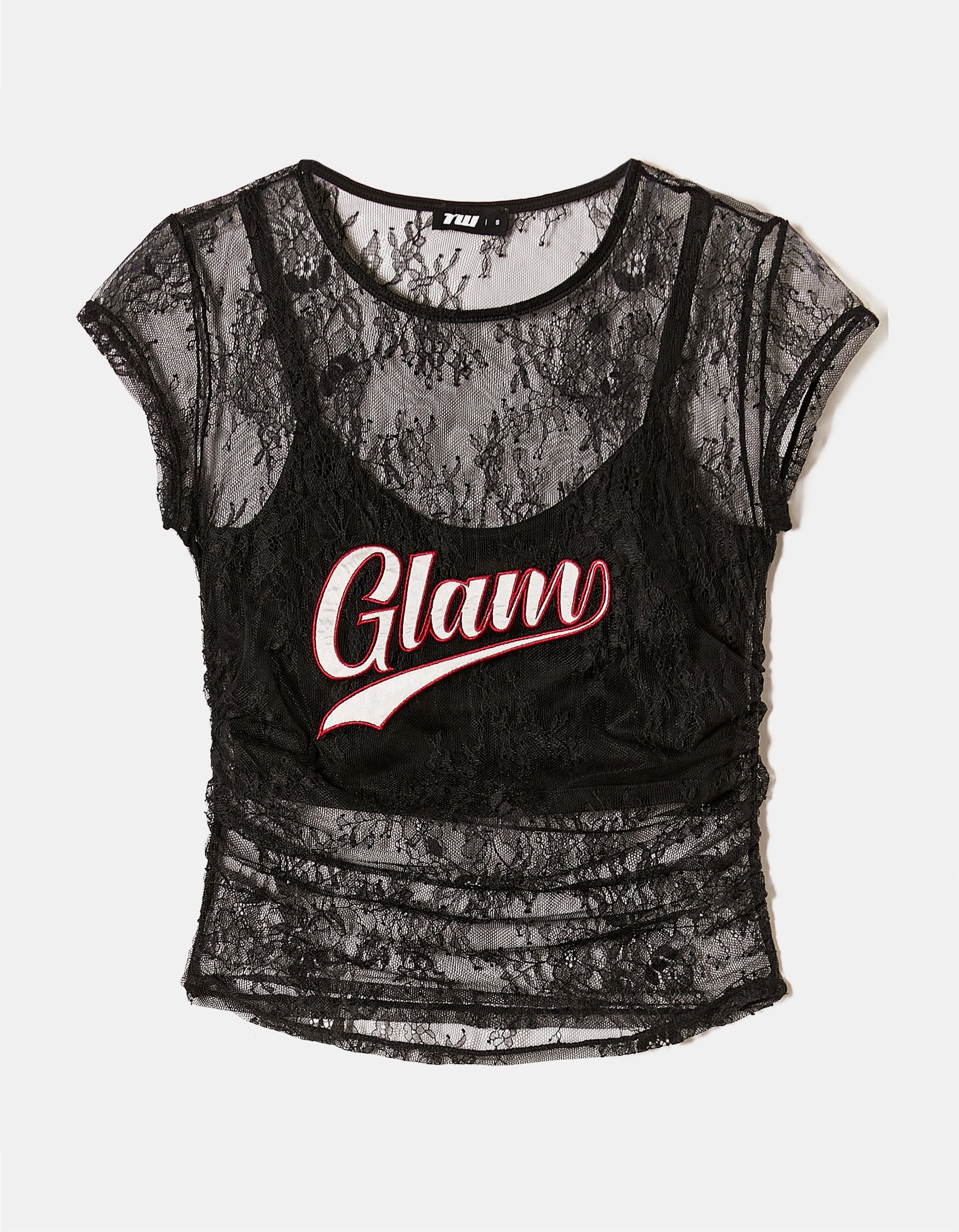 Ladies Black Fitted Lace Top With Patch-Ghost Front View