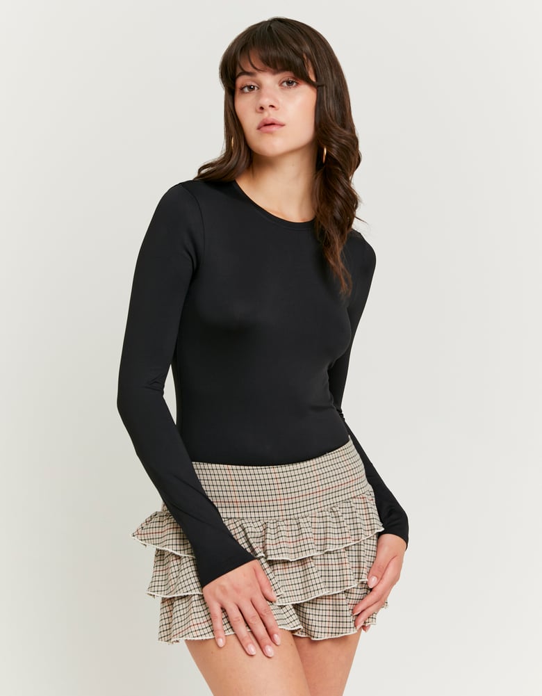 Ladies Basic Black Long Sleeve T-Shirt-Model Front View